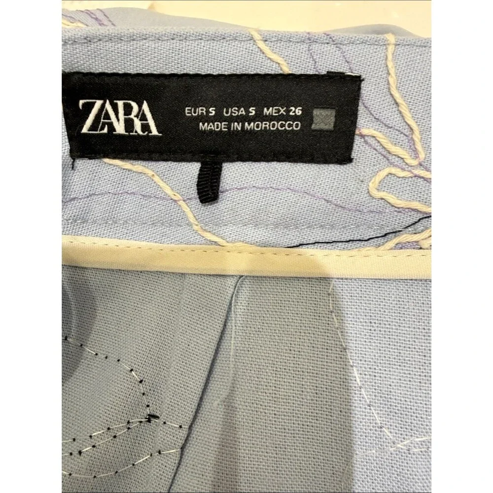 Zara Light Blue Floral Embroidered Linen Blend Ankle Pants High Rise size Small